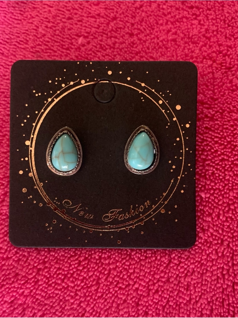 Teardrop Turquoise Stone Stud Earrings in Silver-Tone Setting